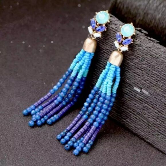 Sea Blue Rhinestone Beaded Tassel Fringe Vintage Gold Dangle Statement Earrings - Picture 9 of 9